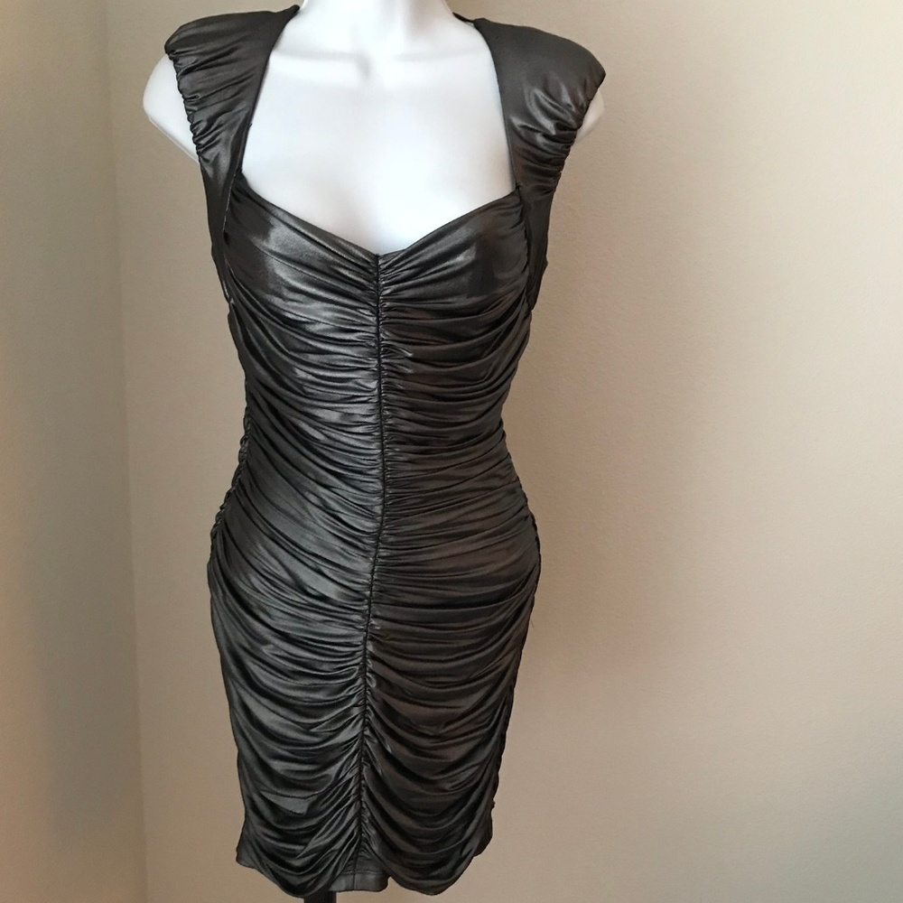 bebe Metallic Gray Ruched Dress